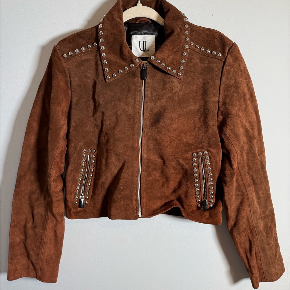 UL Crazy Life Cropped Brown Cow Suede Studded Jacket Western Boho L NWOT‎